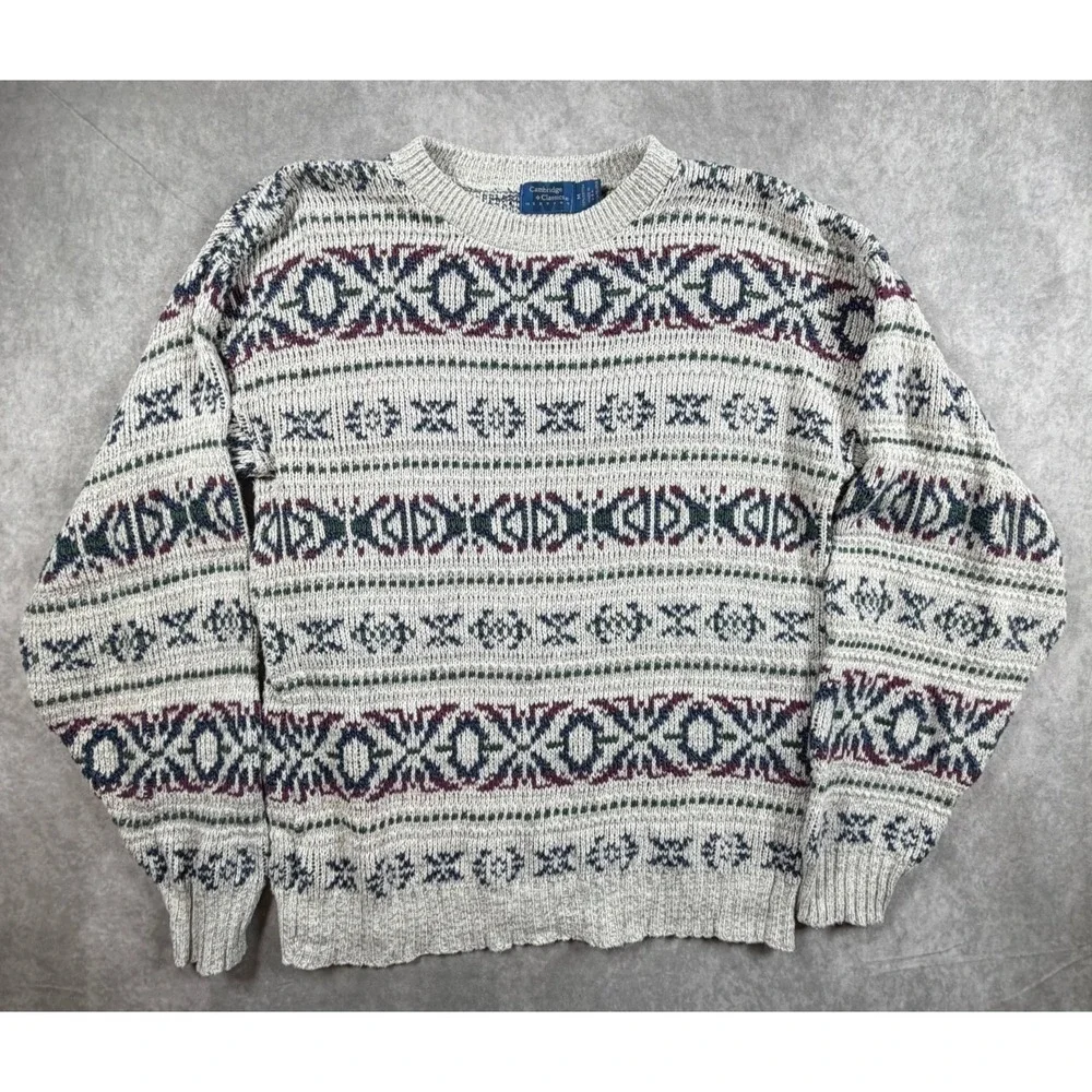 Cambridge Classics Vintage 90s Mens Medium Sweater Gray Fair Isle Ramie Cotton